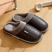 Cozy & Stylish Big Size Men's Winter Slippers - Indoor Waterproof PU Leather Home Shoes with Plush Lining