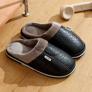 Cozy & Stylish Big Size Men's Winter Slippers - Indoor Waterproof PU Leather Home Shoes with Plush Lining